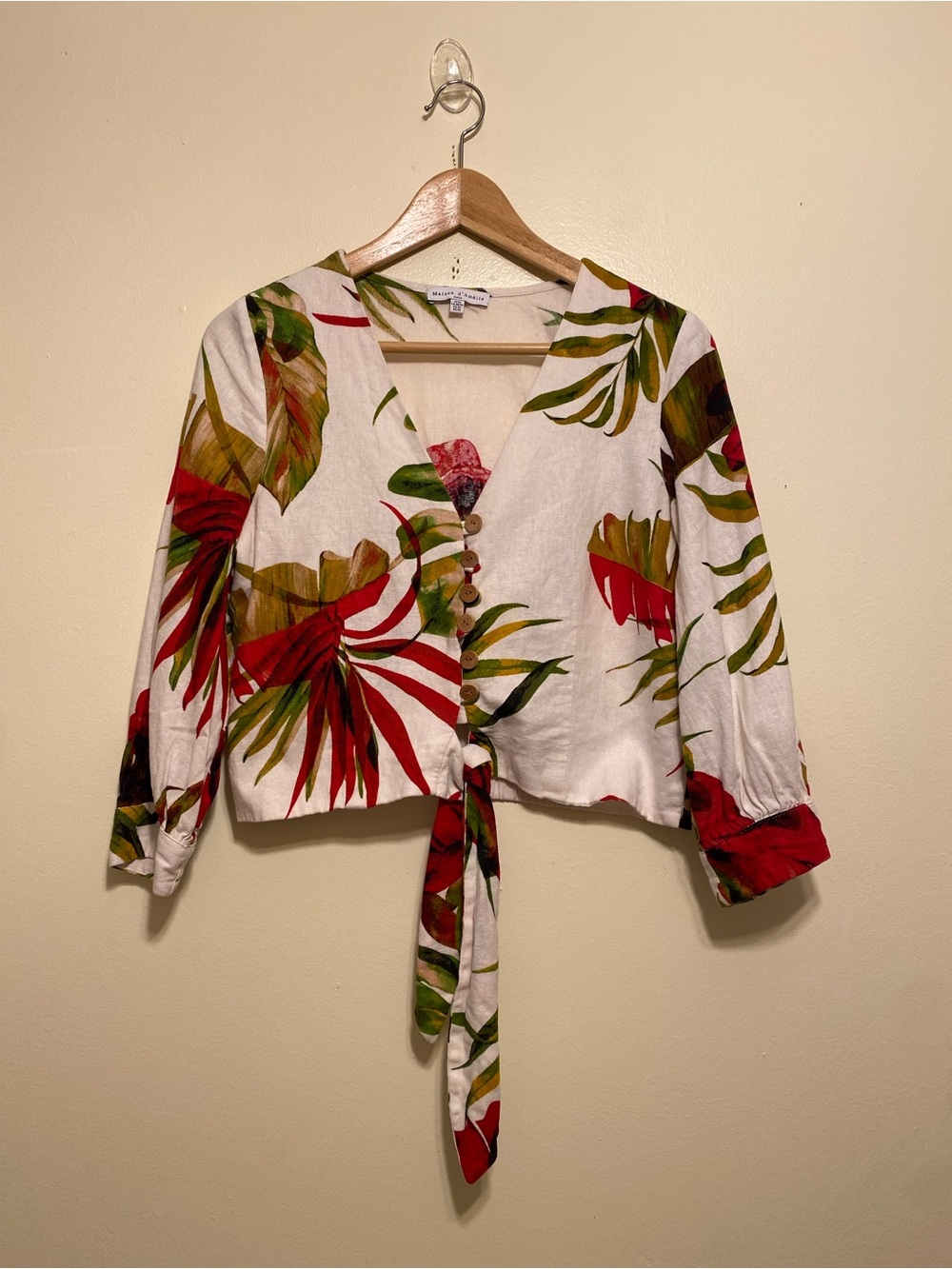 MAISON D’Amelie White Tie-Front Blouse with Red & Green Tropical Print. Size XS